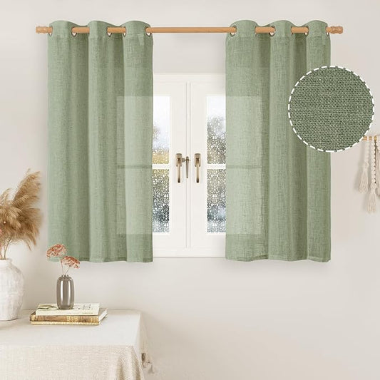 LAMIT Short Linen Curtains 40 inches Long for Small Window, Bronze Grommet Linen Drapes Light Filtering Sheer Window Curtains for Kitchen/Cafe, 2 Panels (34 x 40 Inch, Sage Green)-Ruum Studio Home