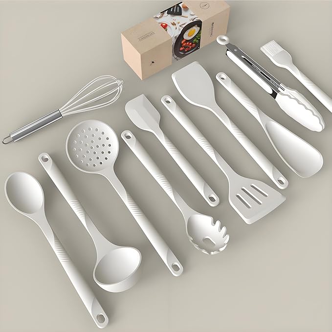 Silicone Cooking Utensils Set - 600°F Heat Resistant, Nonstick Kitchen Utensil Set with Spatulas, Spoons, Whisk, Tongs, BPA Free, Dishwasher Safe, Cream White-Ruum Studio Home