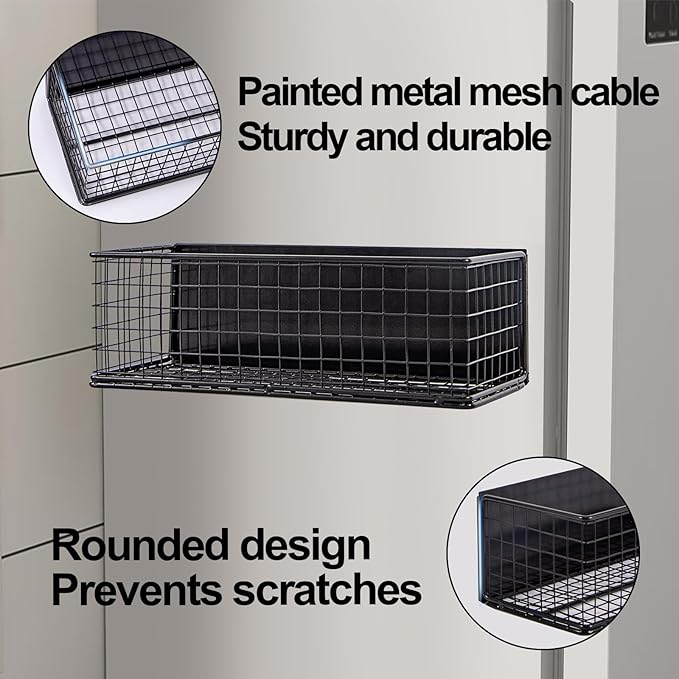Magnetic Basket, Magnetic Shelf for Fridge, Magnetic Spice Rack Wire Mesh Magnetic organizer Holder Accessories for Office Kitchen Classroom Storage, Black-High, 9.44" x 4" x 3.14"-Ruum Studio Home