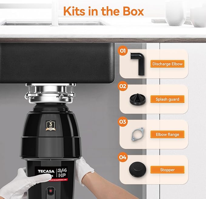 3/4 HP Garbage Disposal, TECASA Food Garbage Disposal with Power Cord, Stainless Steel Grinding System and 3-Bolt Mounting, Continuous Feed Garbage Disposals, Quiet, Taskmaid Series 75-Ruum Studio Home