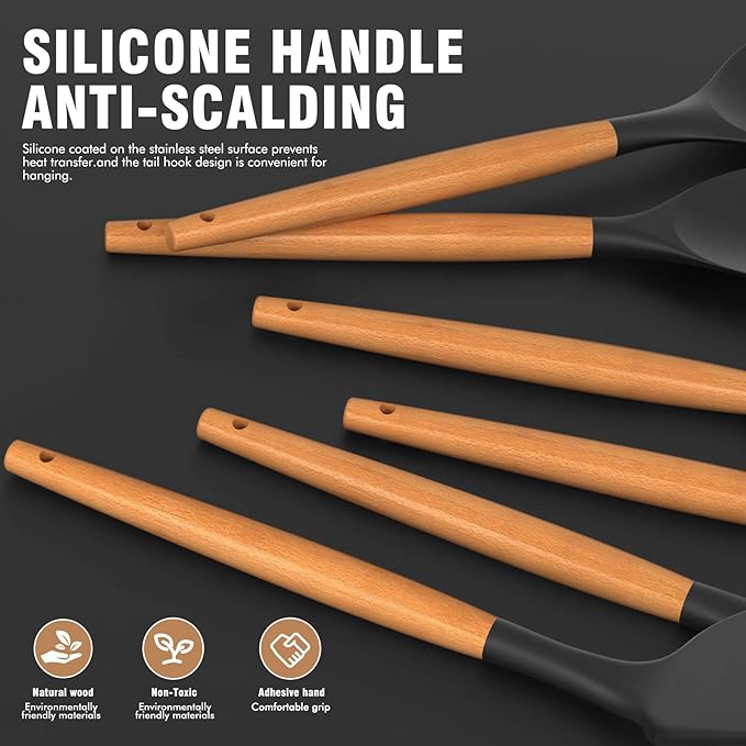 Silicone Cooking Utensils Set - Silicone Kitchen Utensils for Cooking Wooden Handles, 446°F Heat Resistant Kitchen Utensil Spatula Sets w Holder, Gadgets for Non-Stick Cookware BPA FREE (Black)-Ruum Studio Home