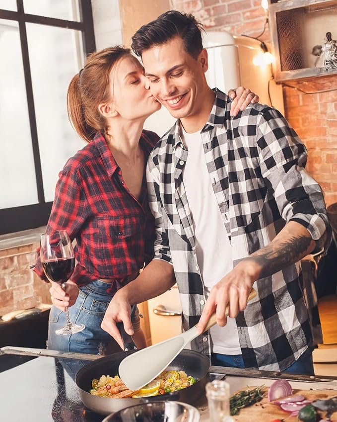 Multifunction Spatula Spoon for Nonstick Cookwares, Great for Cooking and Serving, Sturdy BPA-Free Matte Silicone, Wood Handle Spatula for Mixing, Scoop, and Scrape, Khaki(2 pack,11.4" & 13.4")-Ruum Studio Home