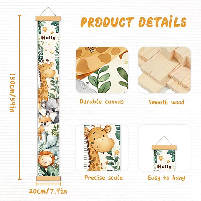 Personalized Name Growth Chart Wall Decor for Kids – Canvas Removable Height Chart Measuring Ruler 59" x 7.9" (Cute Animals)-Ruum Studio Home