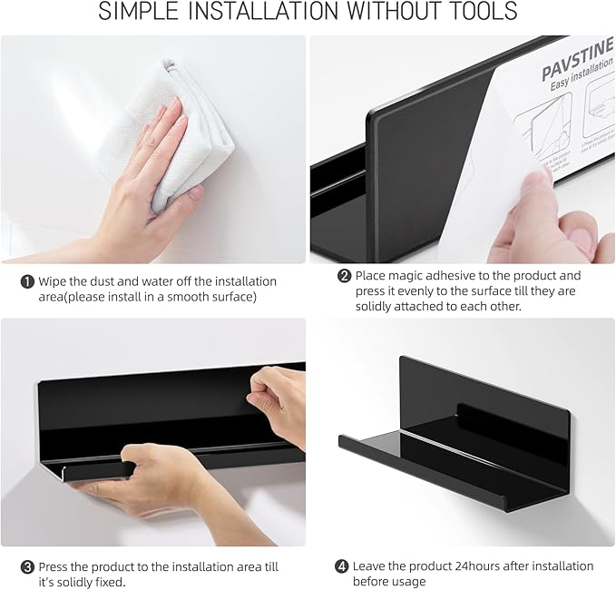 Acrylic Floating Shelves for Wall No Drilling, Self Adhesive Space-Saving Shelves, 12 Inch Floating Shelf Stick on Wall Shelf, for Bathroom, Kitchen, Bedroom, Office, Gaming Room, Black-Ruum Studio Home