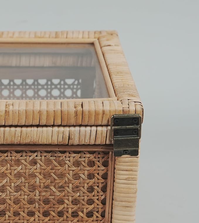 Rattan Box for Home Decor with Lid - Rectangular Coastal Bohemian Style Stackable Decorative Storage Box Set - Handmade from Natural Rattan, Cedar & Real Glass-Ruum Studio Home