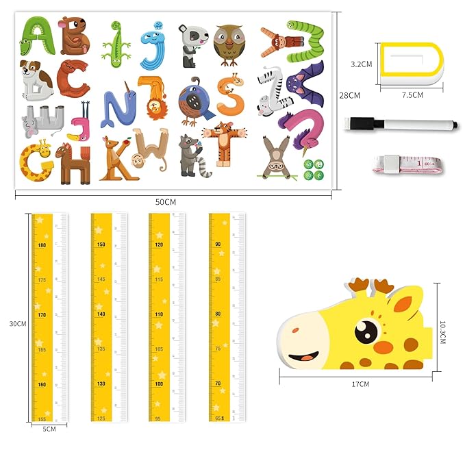 Kids Growth Chart Height Measure Wall Decal Animal Alphabet Stickers Giraffe Design Removable Wall Decorations-Ruum Studio Home