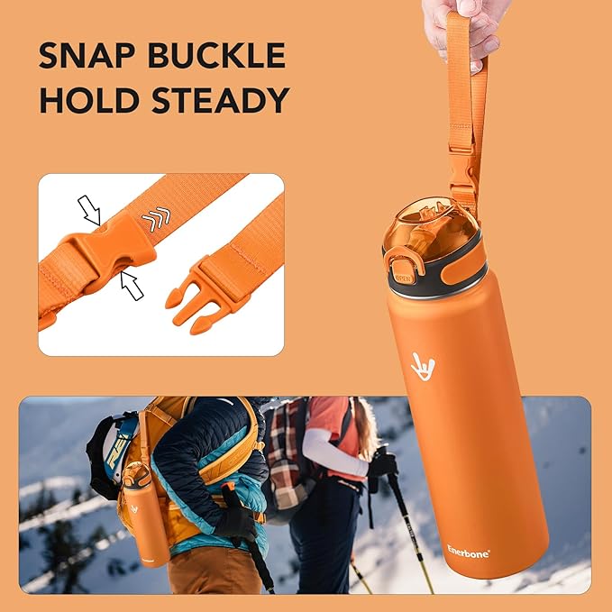 Enerbone 32 oz Insulated Water Bottle, Stainless Steel Bottle with Carrying Strap, Double-Wall Vacuum Insulation Design, Leakproof Sports Bottle with Straw, Keep Drinks Cold or Hot for Hours-Ruum Studio Home