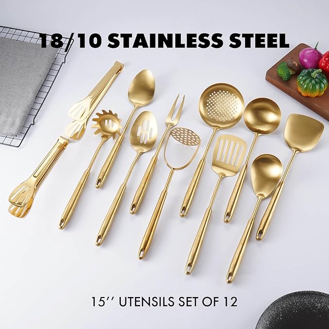Gold Kitchen Utensils Set, 12 PCS Brass Matte Serving Utensils, 18/10 Stainless Steel All Metal Cooking Tools - Potato Masher, Tongs, Meat Fork, Spatula, Turner, Ladle, Skimmer, Spaghetti Spoon Set-Ruum Studio Home