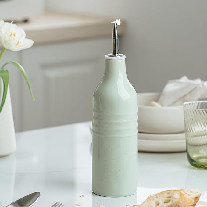 famiware Jupiter 16oz Ceramic Olive Oil Dispenser Bottle, Olive Oil and Vinegar Dispenser Bottle Set of 2 with Stainless Steel Pourers, Suitable for Storage Vinegar, Liquids, Light Pink & Light Green-Ruum Studio Home