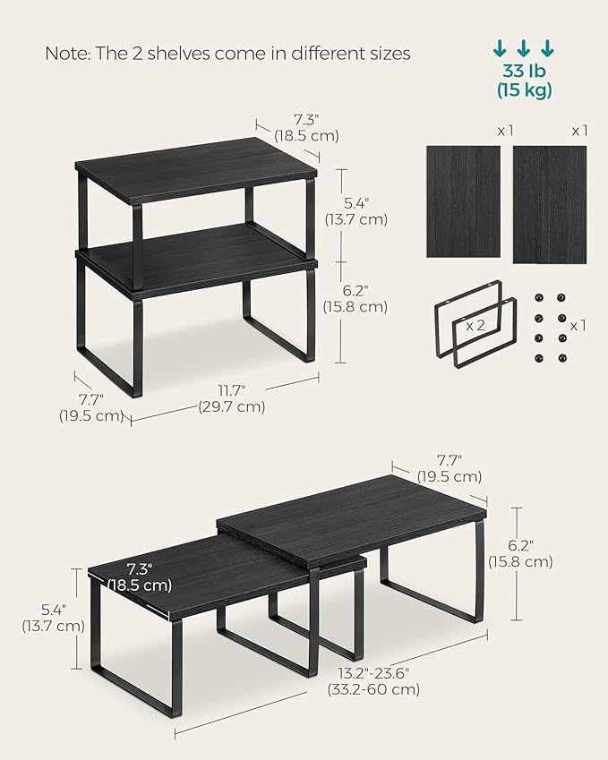 SONGMICS Cabinet Organizer Shelf, Set of 2 Kitchen Counter Shelves, Kitchen Storage, Spice Rack, Stackable, Expandable, Metal and Engineered Wood, Ink Black and Charcoal Black UKCS02B01-Ruum Studio Home