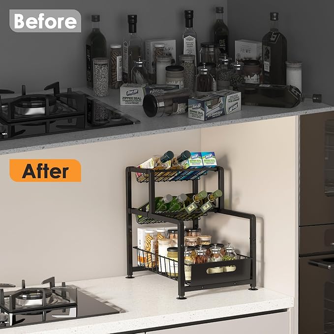 REALINN Spice Rack Organizer for Countertop, 3 Tier Pull Out Spice Rack, Height Adjustable Countertop Seasoning Organizer for Kitchen, Bathroom Storage-Ruum Studio Home