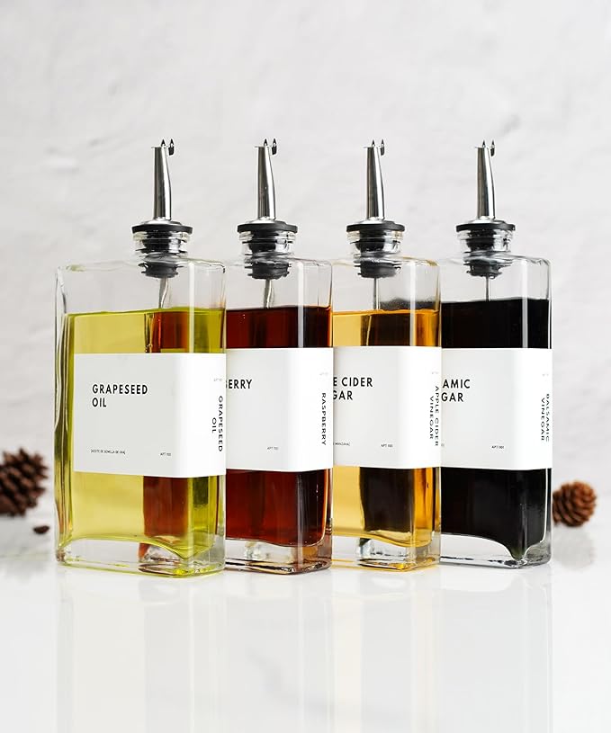 Olive Oil Dispenser for Kitchen, Cooking Oil Dispenser, Oil and Vinegar Dispenser Set, Olive Oil Bottle, Soy sauce dispenser, coffee syrup bottles - 4 pcs, Silver-Ruum Studio Home