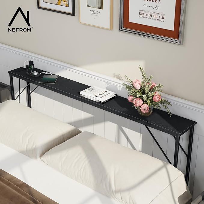 63'' Console Table, Skinny Entryway Table with Fast-Charging Station, Narrow Long Sofa Table, Behind Slim Couch Table for Entrance, Hallway, Living Room Decor ST-BK160-1-Ruum Studio Home