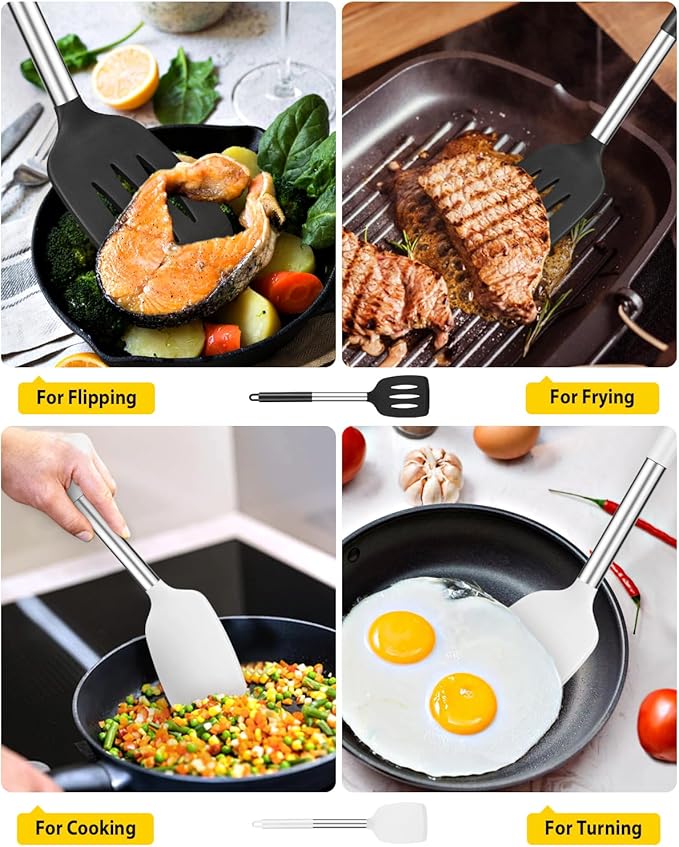 Pack of 2 Silicone Solid Turner, Non Stick Slotted Kitchen Spatulas, High Heat Resistant BPA Free Cooking Utensils, Ideal Cookware for Fish, Eggs, Pancakes(Black-White)-Ruum Studio Home