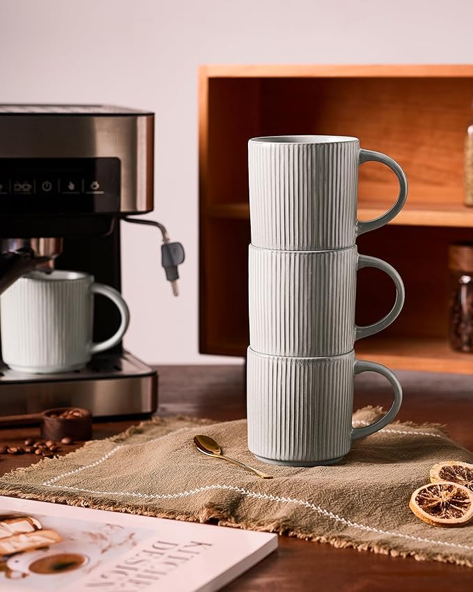 famiware Coffee Mug Set for 6, Star 12 oz Catering Mugs Cup Set with Handle for Coffee, Tea, Cocoa, Milk - Ceramic Stoneware Drinkware Set, Matte Grey-Ruum Studio Home