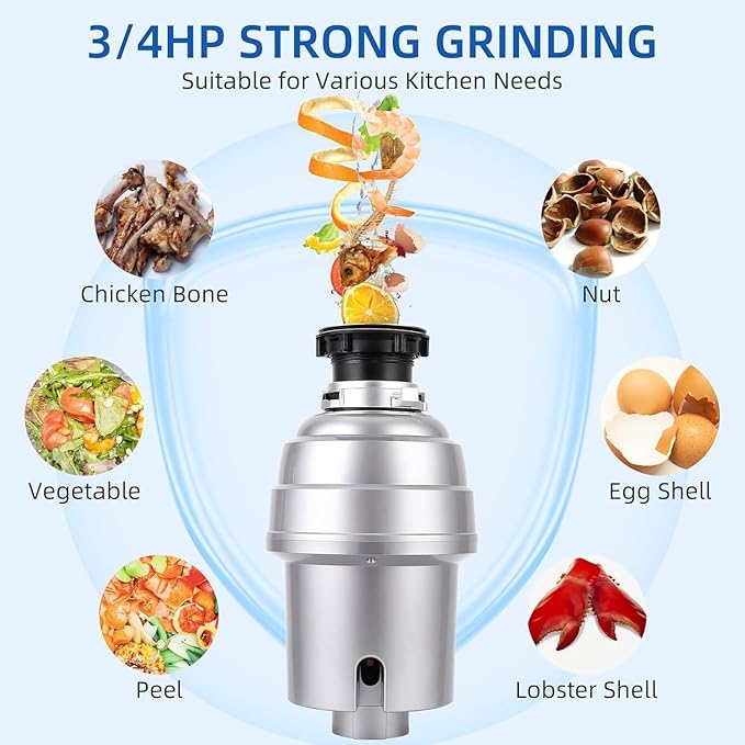 Powerful 3/4HP Stainless Steel Garbage Disposer, Dishwasher-Friendly and Continuous Feeding Waste Disposer, Grinding Material Four-Stage Grinding, Silver-Ruum Studio Home