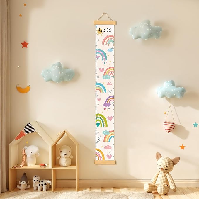 Personalized Name Growth Chart Wall Decor for Kids – Canvas Removable Height Chart Measuring Ruler 59" x 7.9" (Rainbows)-Ruum Studio Home