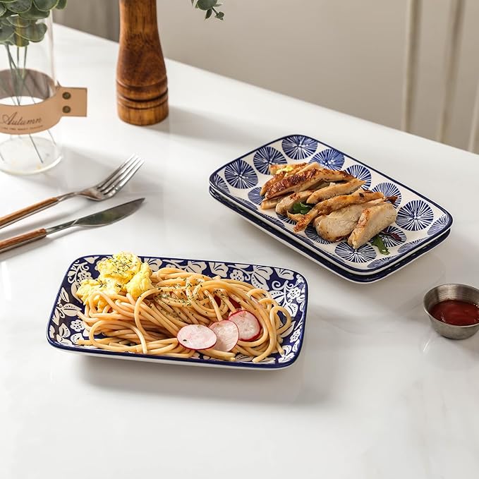 Selamica Ceramic Rectangular Salad Plates Set, Dinner Plate 9.4 Inch Dessert Plates for Party Entertaining, Small Serving Plates for Appetizers, Sushi, Fruit, Set of 4, Vintage Blue-Ruum Studio Home