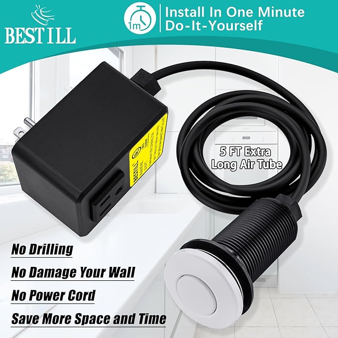 BESTILL Garbage Disposal Air Switch Kit - UL Listed, Cordless Sink Top Switch Button for Waste Disposer, 3.6" Long Push Button with Brass Cover, White, Compatible with all Garbage Disposals-Ruum Studio Home