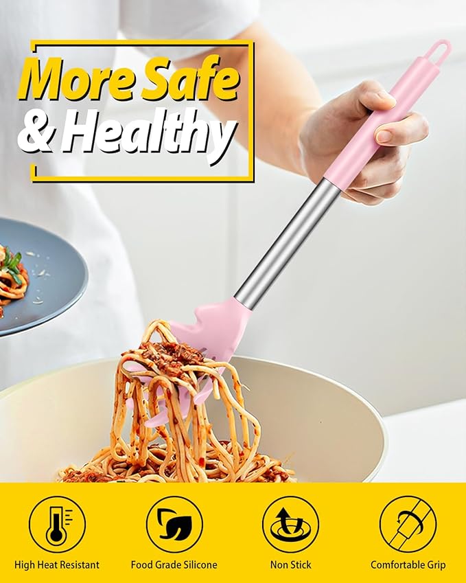 Silicone Pasta Fork and Ladle Spoon Set, Large Non Stick Kitchen Utensils for Cooking,Stirring,Serving Spaghetti, Soup, Sauce (PINK)-Ruum Studio Home