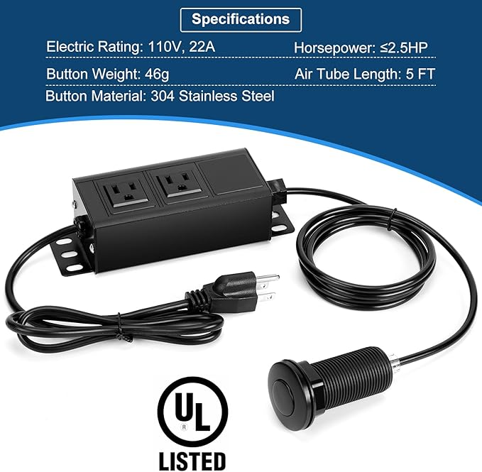 Dual Outlet Garbage Disposal Air Switch Kit, UL Listed Sink Top Air Switch for Food Waste Disposal, 3.58” Extra Long Air Button, Black Stainless Steel-Ruum Studio Home