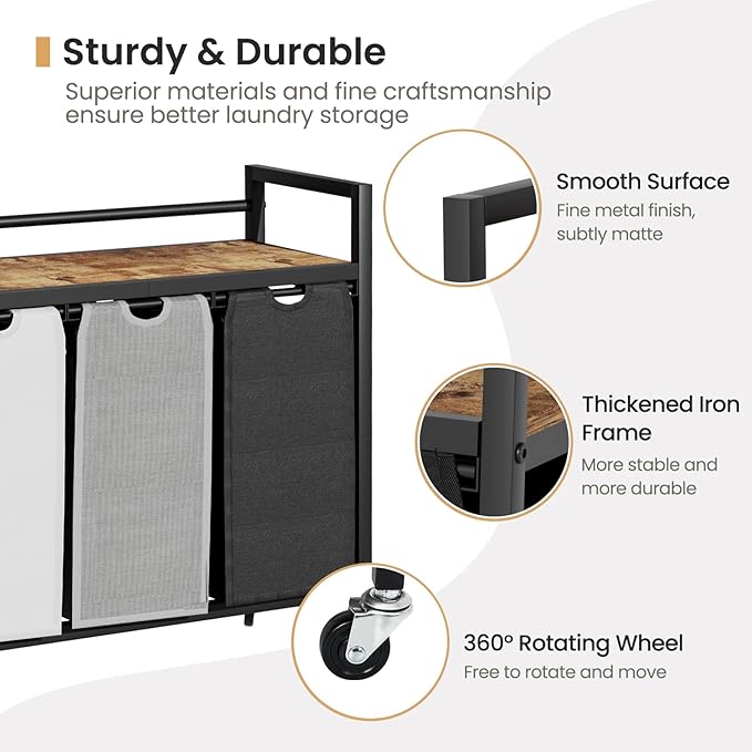 Laundry Hamper, Laundry Basket, Laundry Sorter with 3 Removable Bags, Clothes Basket with 3 Compartments, Wheels, Shelf for Laundry Room Bathroom Bedroom (3 Bags-Black Grey White)-Ruum Studio Home