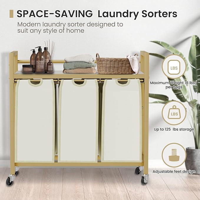 Laundry Hamper, Laundry Basket, Laundry Sorter with 3 Removable Bags, Clothes Basket with 3 Compartments, Wheels, Shelf for Laundry Room Bathroom Bedroom (3 Bags-Golden)-Ruum Studio Home