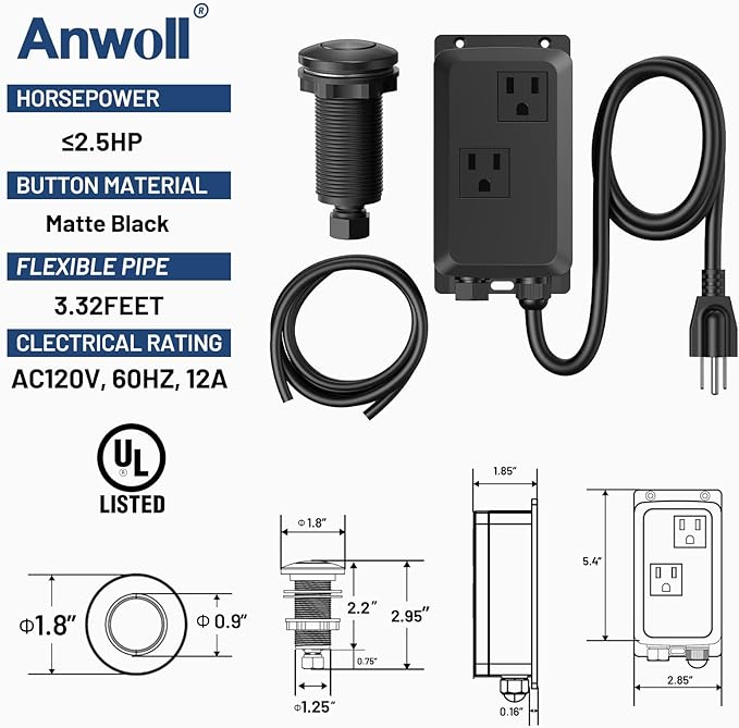 Garbage Disposal Air Switch Kit -Professional- Dual Outlet, Sink Top Waste Disposer On/Off, Garbage Disposal Button, Brass Made Cover, UL Listed-Ruum Studio Home