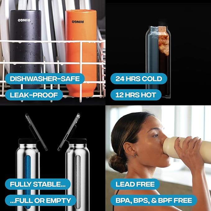 Ringo Insulated Water Bottle - Compatible MagSafe Water Bottle w/Phone Holder -Stainless Steel School Water Bottle w/Magnetic Phone Mount for Kids & Adult-Hot 12H, Cold 24H 360° Rotate - Orange 24oz