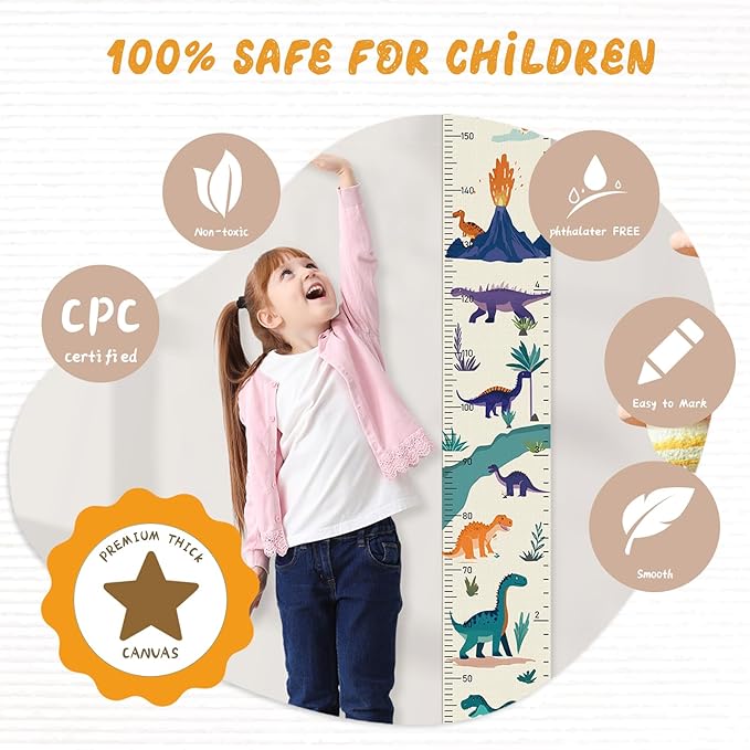 Personalized Name Growth Chart Wall Decor for Kids – Canvas Removable Height Chart Measuring Ruler 59" x 7.9" (Dinosaurs)-Ruum Studio Home