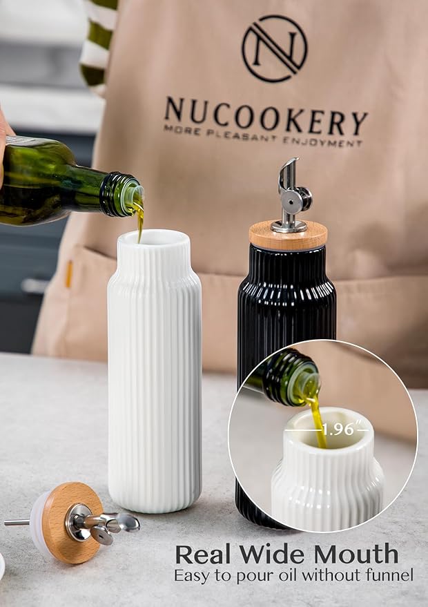 Nucookery Ceramic Olive Oil Dispenser Bottle for Kitchen, 14 oz Opaque Vinegar Dispenser Bottle, Large Capacity Cooking Oil Container for Storage Vinegar, Soy Sauce, Coffee Syrup, White-Ruum Studio Home
