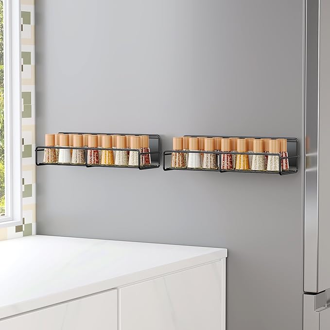2 Pack Magnetic Spice Rack Organizer, Space Saver for Refrigerator and Microwave Oven, Magnetical Fridge Shelf for Jars, Seaoning, tins and Utensils Black-Ruum Studio Home