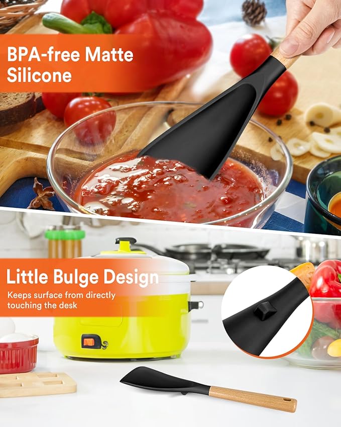 Multifunction Spatula Spoon for Nonstick Cookwares, Great for Cooking and Serving, Sturdy BPA-Free Matte Silicone, Wood Handle Spatula for Mixing, Scoop, and Scrape, Black(2 pack,11.4" & 13.4")-Ruum Studio Home