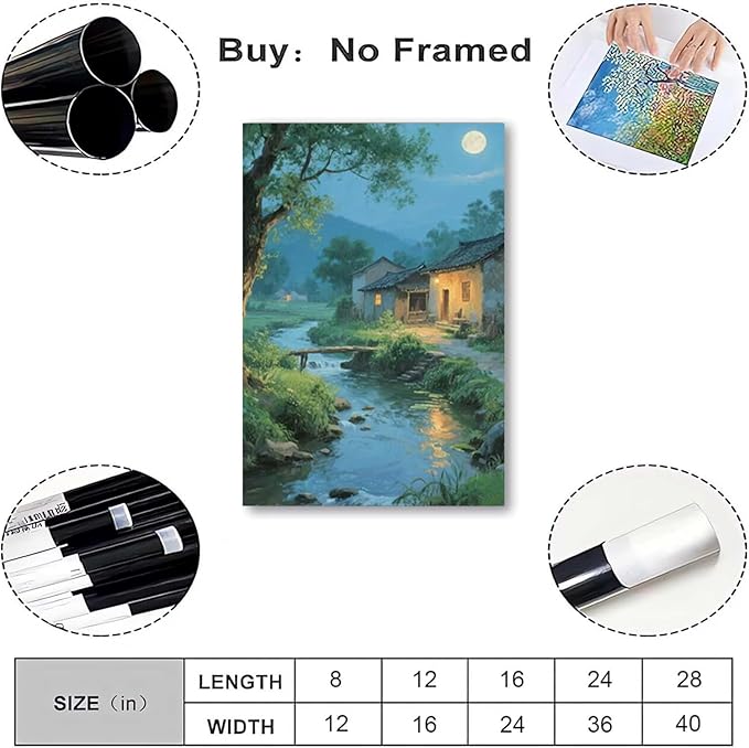 Moonlight under the big tree creek cabin scenery is suitable for posting in the living room bedroom office scenery poster wall painting-Ruum Studio Home