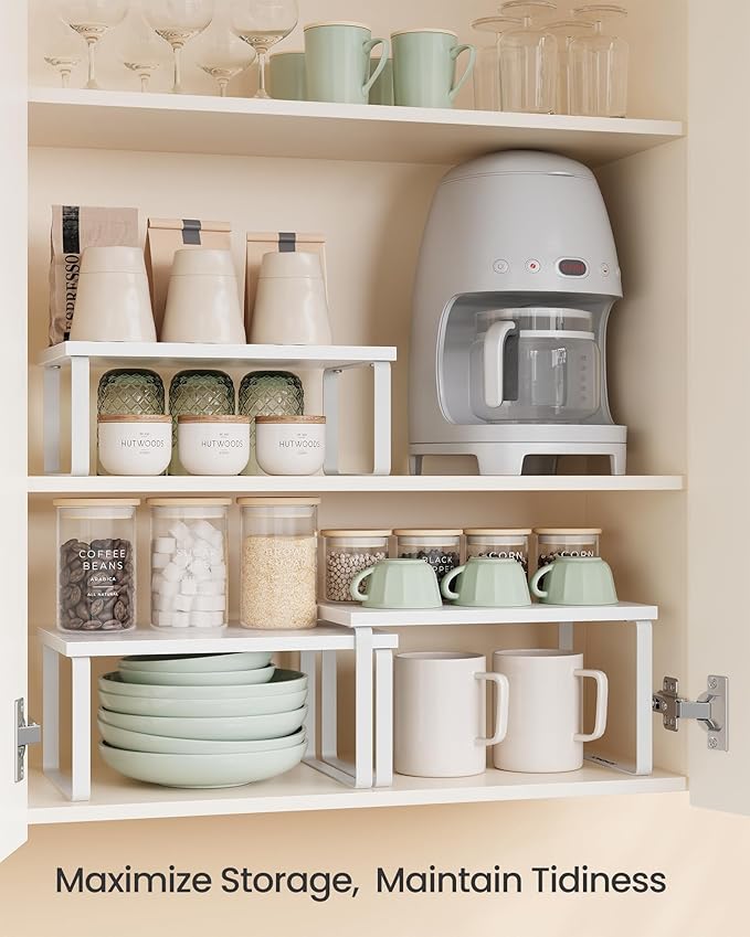 SONGMICS Cabinet Organizer Shelf, Set of 3 Kitchen Counter Shelves, Kitchen Storage, Spice Rack, Stackable, Expandable, Snow White and Matte White UKCS220W01-Ruum Studio Home