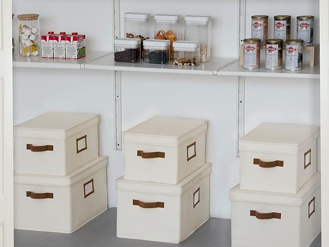 StorageWorks Large Storage Bins with Lids, Decorative Storage Boxes with Lid and PU Handles, Foldable Storage Baskets for Closet, Shelves, Stackable, Ivory, 3-Pack-Ruum Studio Home