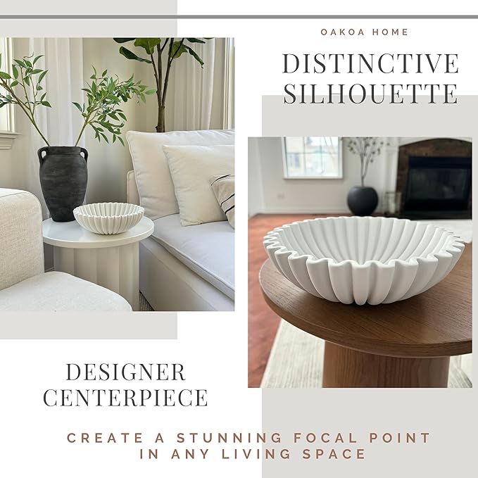 OAKOA Concrete Decorative Bowl - White Large Decorative Bowls for Home Decor - Coffee Table Bowl Decor - Scalloped Ruffle Centerpiece Bowl-Ruum Studio Home