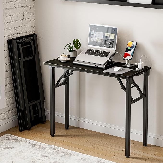 Frylr Small Folding Computer Desk β 35.8 Inch Portable Table for Craft and Study, Lightweight Desk for Small Spaces, Foldable Laptop Table Built-in AC/USB Outlets for Convenience, Dark Oak