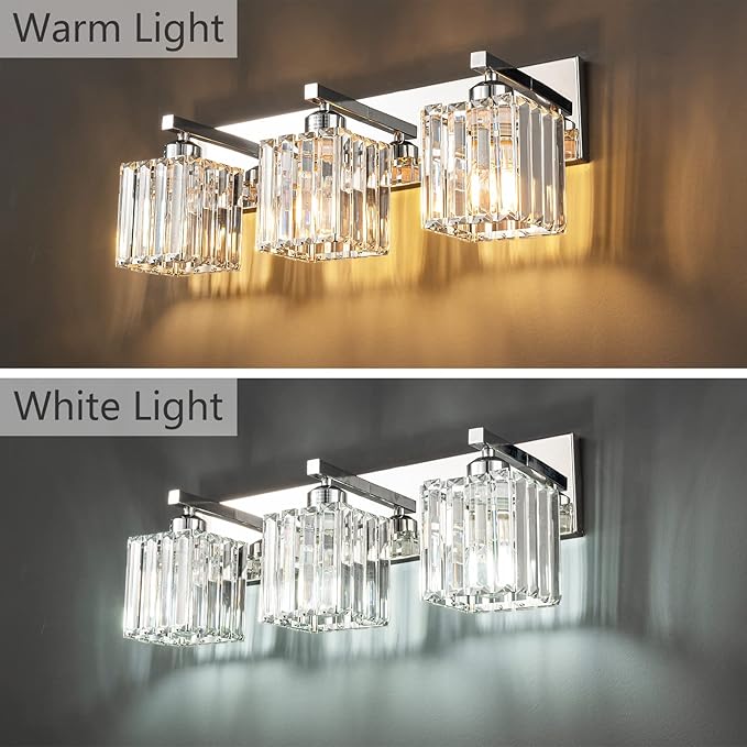 Modern Bathroom Vanity Light 3-Lights Chrome Crystal Bathroom Wall Light Vanity Light Fixtures,20.47-inch Modern Minimalist Design