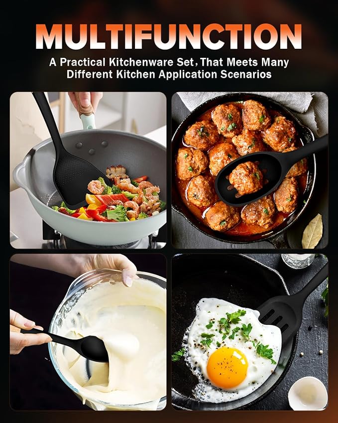 Silicone Cooking Utensils Set, Perfectly Angled for Frying, Mixing,Serving,Draining,Turning and Stirring, BPA-Free Matte Silicone, Wood Handles, Safe for Nonstick Cooking Surfaces,4 Pack (Black)-Ruum Studio Home