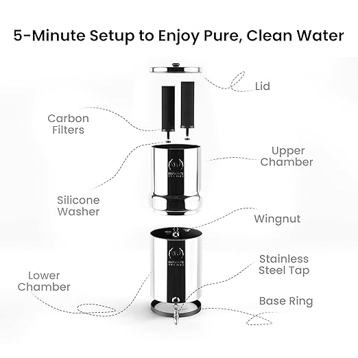 Gravity Water Filter System - 3.25 Gallons - NSF Certified - AISI 304 Stainless Steel Countertop Water Filter System with 2 Smart (Black) Carbon Filter Elements & Free Stainless Steel Water Spigot-Ruum Studio Home