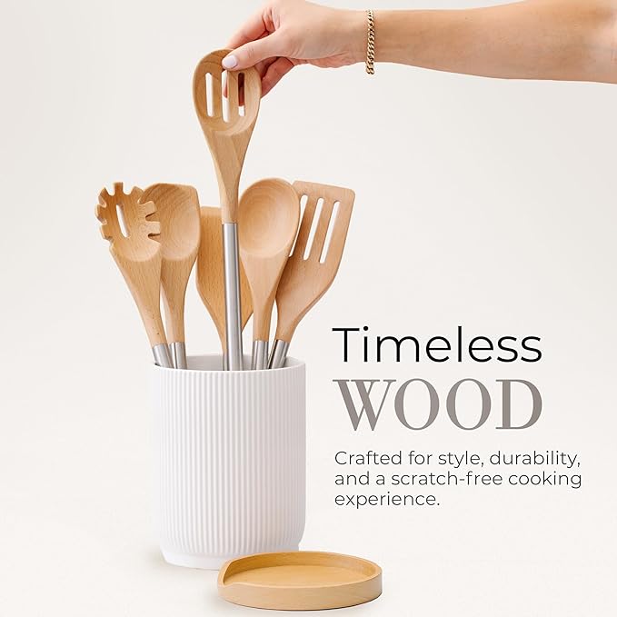 STYLED SETTINGS Wood Cooking Utensils Set with Stainless Steel Handles – 6-PC Durable Wooden Spoons for Cooking, Serving, & Mixing – Kitchen Utensils Set for Nonstick Cookware, Great for Gifting-Ruum Studio Home