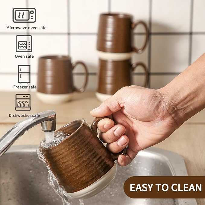 Hasense Porcelain Coffee Mugs Set of 4-15 Ounce Large Ceramic Coffee Cups Set with Handle for Latte, Tea, Cocoa and Hot Chocolate, Brown Coffee Mugs for Men and Women, Microwave Safe-Ruum Studio Home