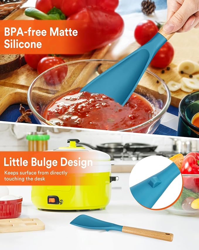 Multifunction Spatula Spoon for Nonstick Cookwares, Great for Cooking and Serving, Sturdy BPA-Free Matte Silicone, Wood Handle Spatula for Mixing, Scoop, and Scrape, Turquoise(2 pack,11.4" & 13.4")-Ruum Studio Home