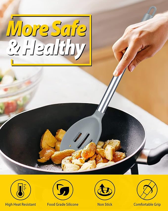 Pack of 2 Large Silicone Cooking Spoons,Non Stick Solid Basting Spoon,Heat-Resistant Kitchen Utensils for Mixing,Serving,Draining,Stirring (GREY)-Ruum Studio Home