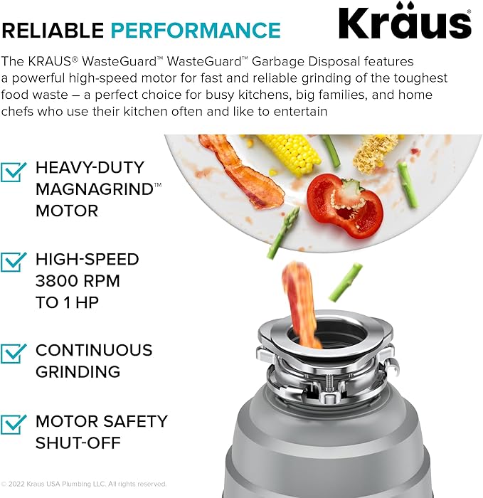 KRAUS WasteGuard High-Speed 1 HP Continuous Feed Ultra-Quiet Motor Garbage Disposal with Power Cord and Flange Included and Universal Mount, KWD200-100MGR-Ruum Studio Home