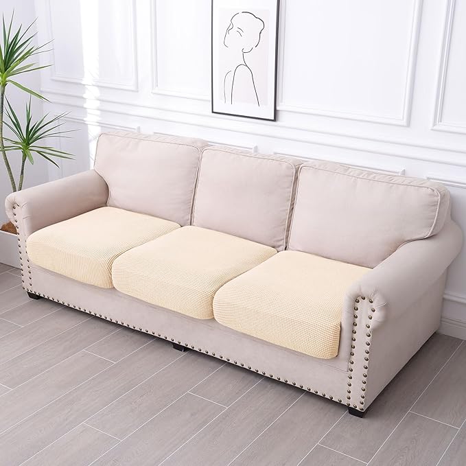 hyha Waterproof Couch Cushion Covers for Pets, Non Slip Sofa Seat Cover for Dogs Washable, Soft Thick Stretch Jacquard Fabric, Sofa Slipcovers with Elastic Bottom (3 Pieces, Beige)-Ruum Studio Home