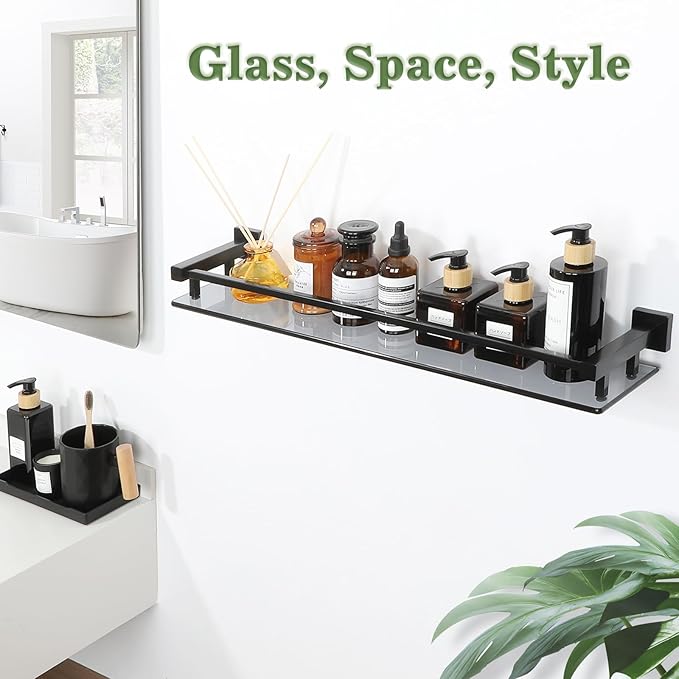 Alise Bathroom Shelf Wall Mounted, Matte Black Large Capacity Glass Shelf for Bathroom, 24 inch-Ruum Studio Home