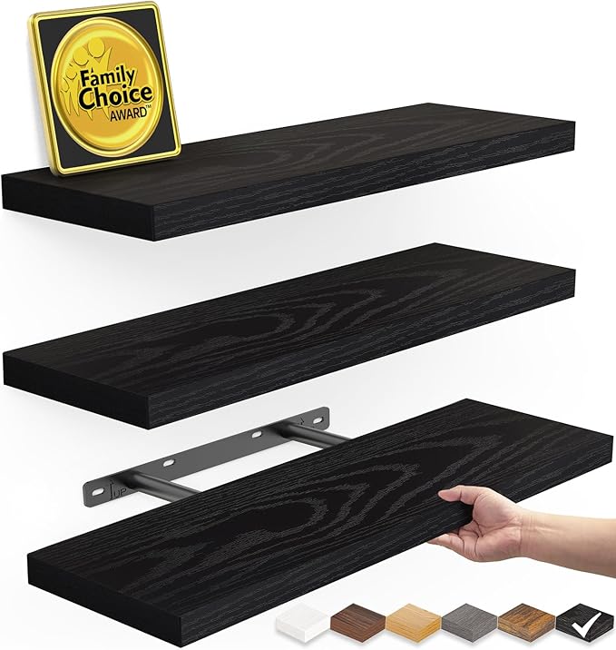 BAYKA Floating Shelves for Wall, Wall Mounted Rustic Wood Shelves for Bathroom, Bedroom, Living Room, Kitchen, Hanging Shelf for Books/Storage/Room Decor with 22lbs Capacity (Black, Set of 3, 15.7in)-Ruum Studio Home