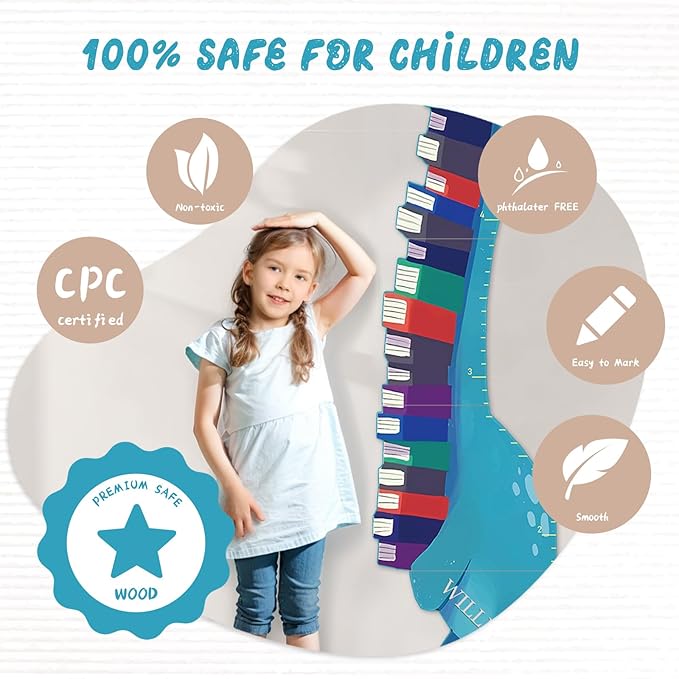 Personalized Name Growth Chart for Wall, Dinosaur Book Wooden Growth Chart Kids Height Chart, Wall Measurement for Kids, Height Chart for Wall, Growth Ruler for Toddler Playroom Decor-Ruum Studio Home